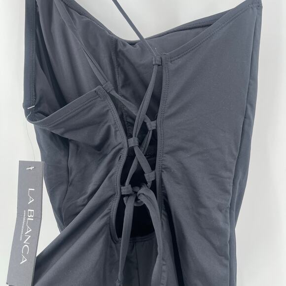 La Blanca Swimsuit Size 8 Black Goddess One Shoulder Strappy Back NWT Swim Beach - Picture 15 of 16